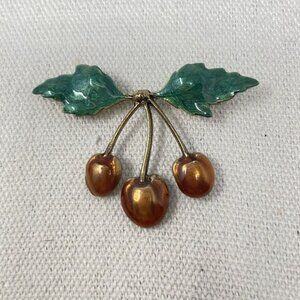 Vintage Cherry‎ Brooch Enameled Rockabilly Kitsch Fruit